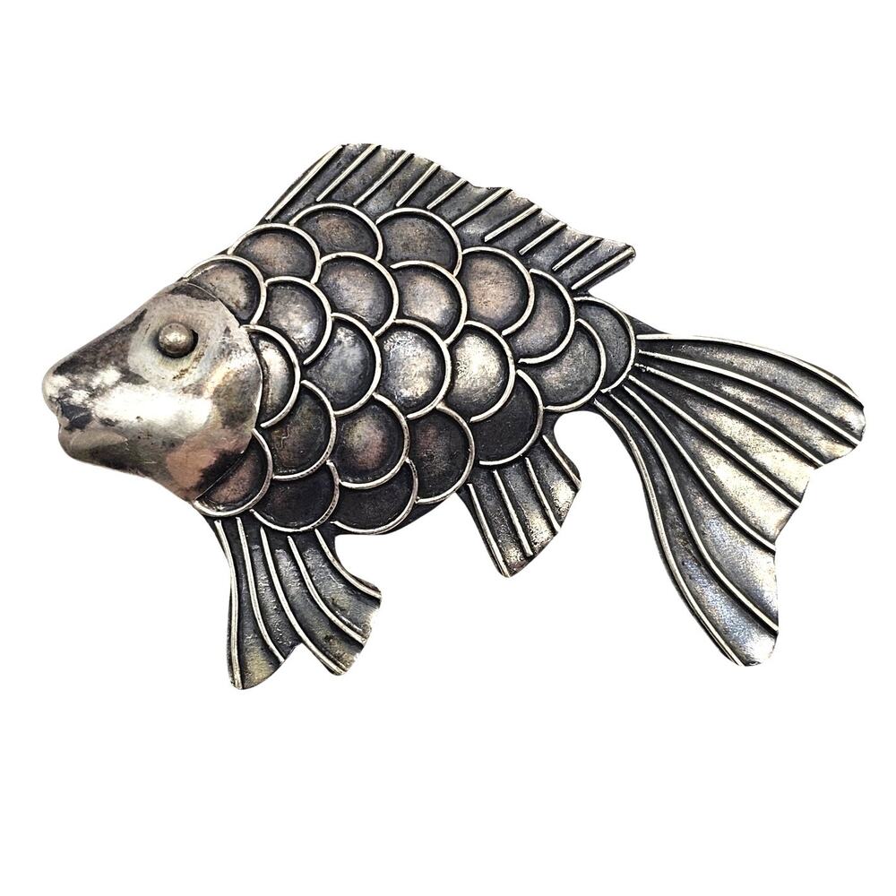 Sterling Silver Koi Fish Brooch Pin Textured Scaled Artisan Jewelry 925